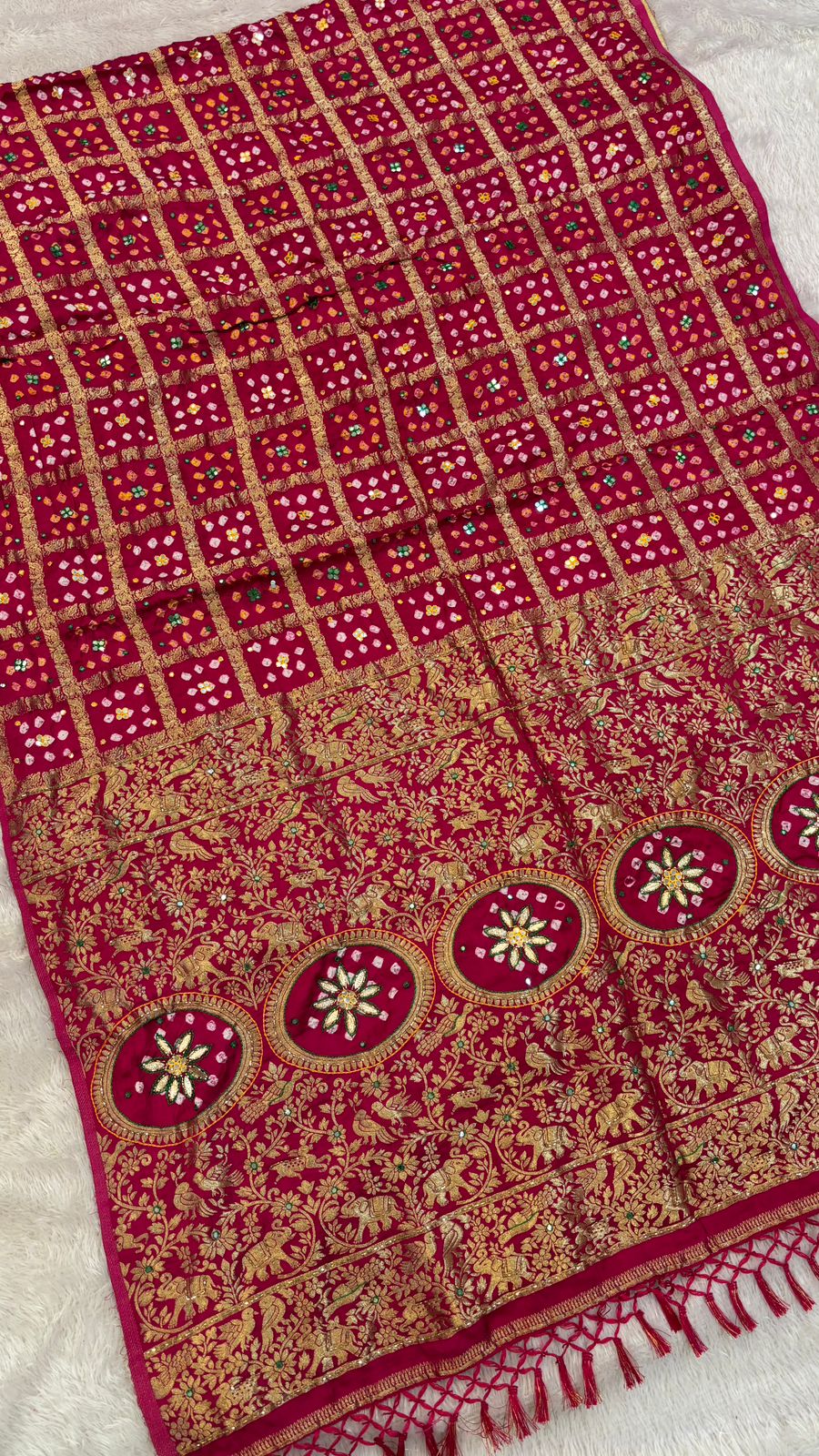 Pure Model Gaji Silk Gottapatti Work Gharchola Saree (Red)