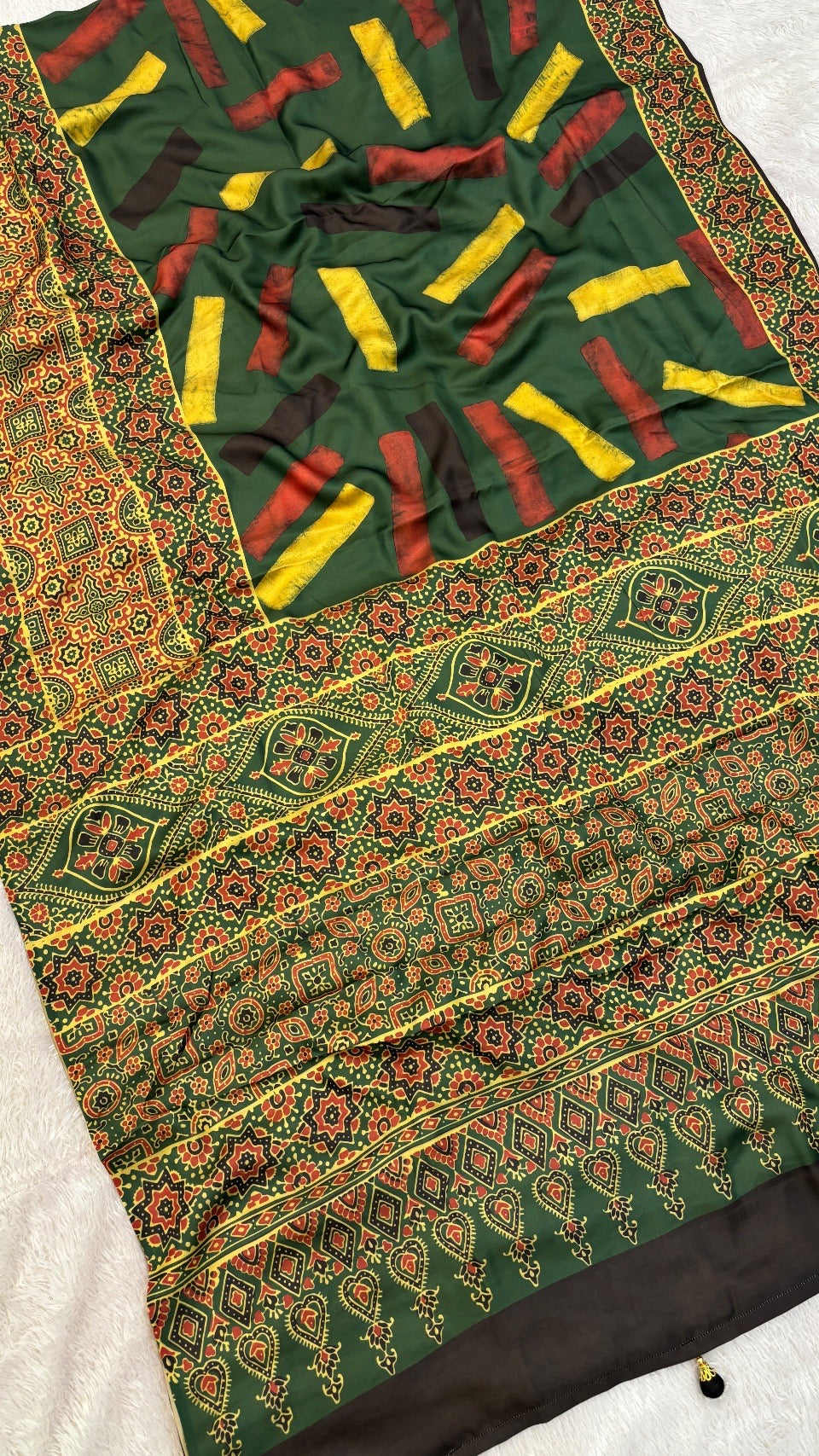 Ajrakh Kutchi Saree with Fancy Tussle (106)