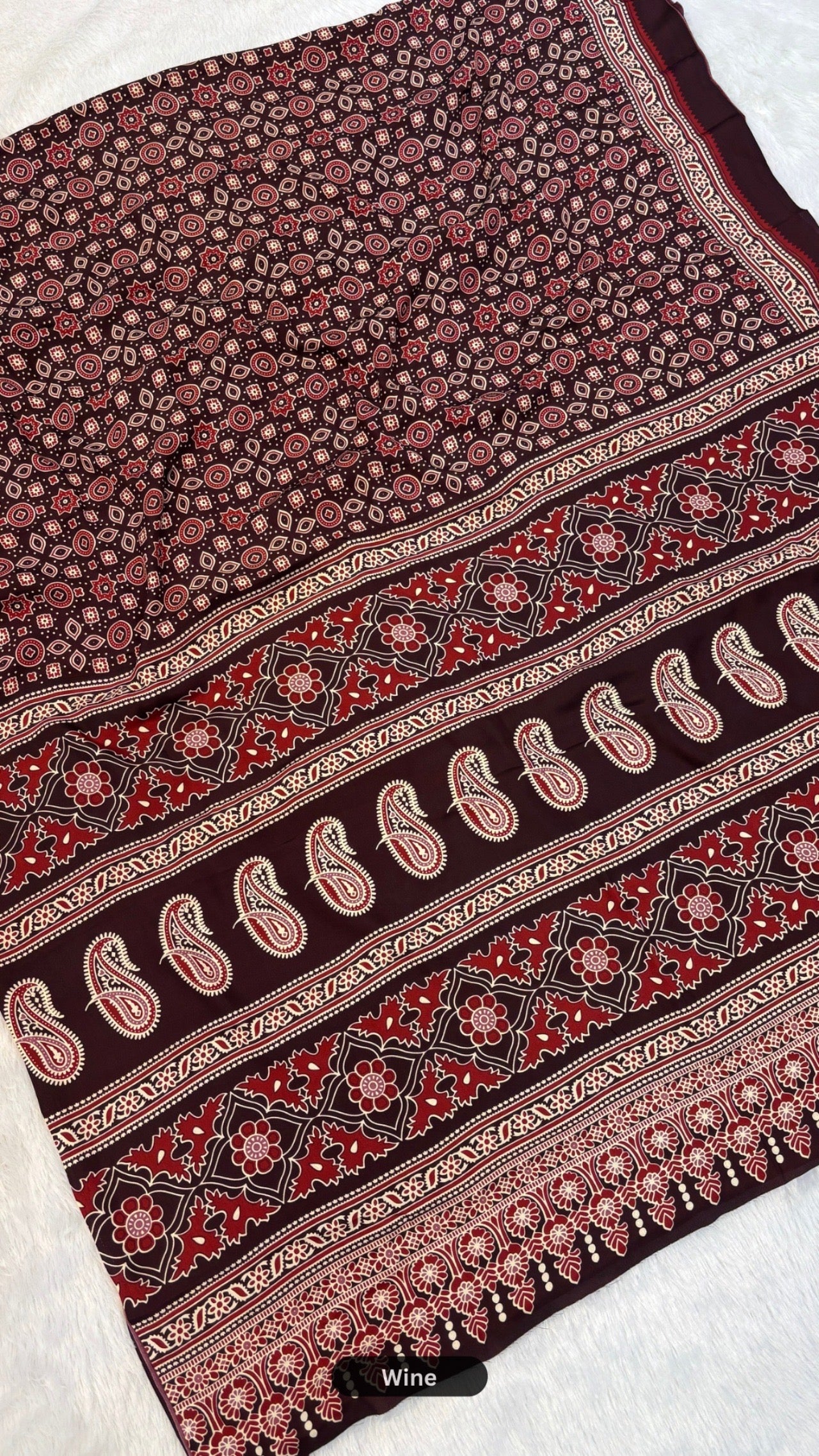 Evergreen Ajrakh Crap Silk Saree