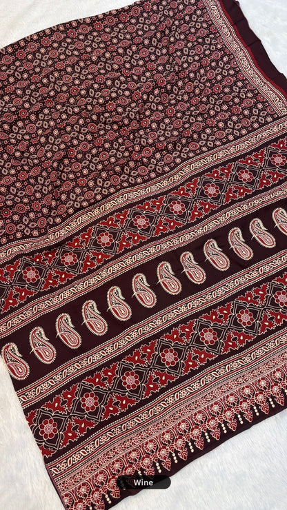 Evergreen Ajrakh Crap Silk Saree