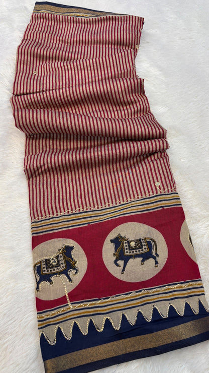 Trending Pure Mul Cotten Ari Work Saree (Airawat-Lehariya)