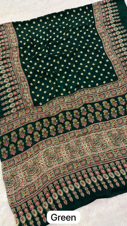 Ajrakh Butti Crap Silk Saree