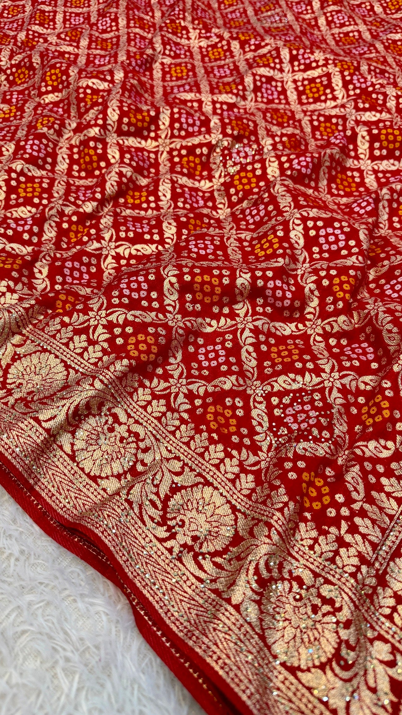 Georgette Bandhej Saree with Real Siroski Work