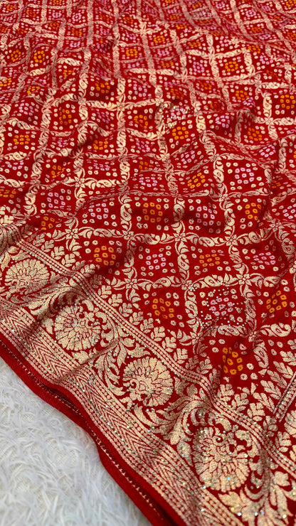 Georgette Bandhej Saree with Real Siroski Work