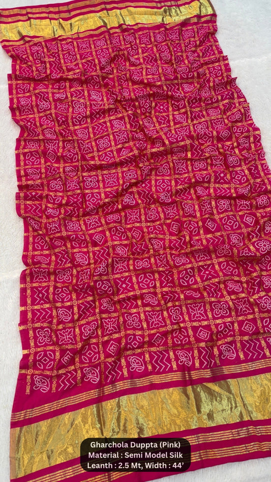 Traditional Bandhej Gharchola Duppta with Lagadi Patta