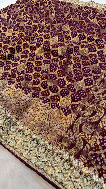 Georgette Banarasi Bandhej Saree with Handwork (Wine)