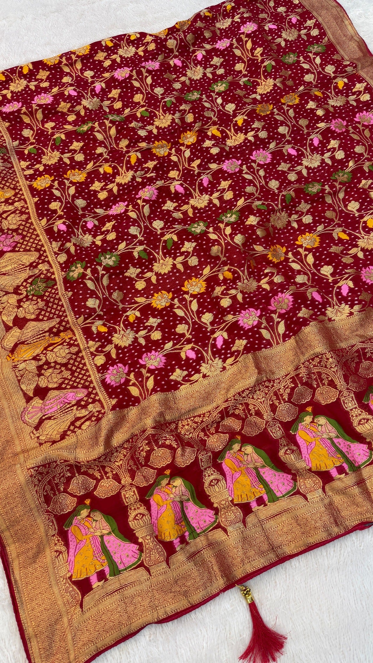 Minakari Bandhej Banarasi Saree (Georgette Junglo) Rani