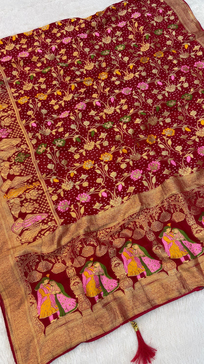 Minakari Bandhej Banarasi Saree (Georgette Junglo) Rani