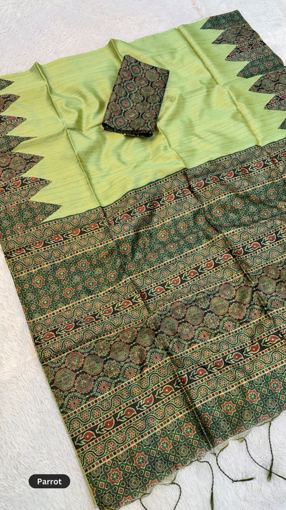 Plain Ajrakh Tusser Silk Saree (Ajrakh Blouse)