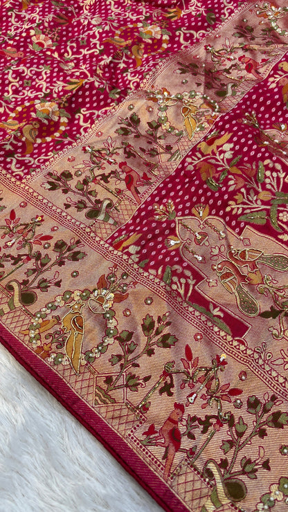 Minakari Handwork Saree, Georgette Bandhani (Jungalo)