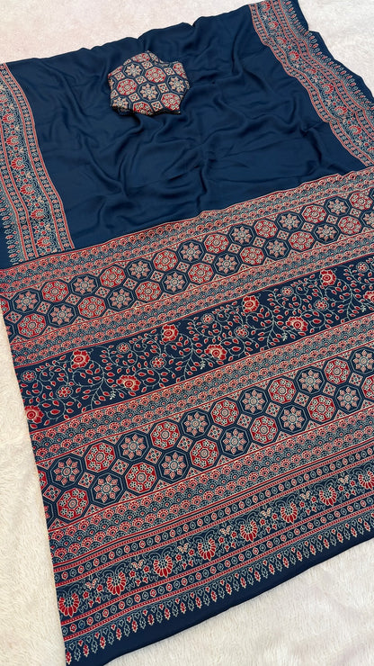 Plain Ajrakh Kalamkari Saree Vol.2