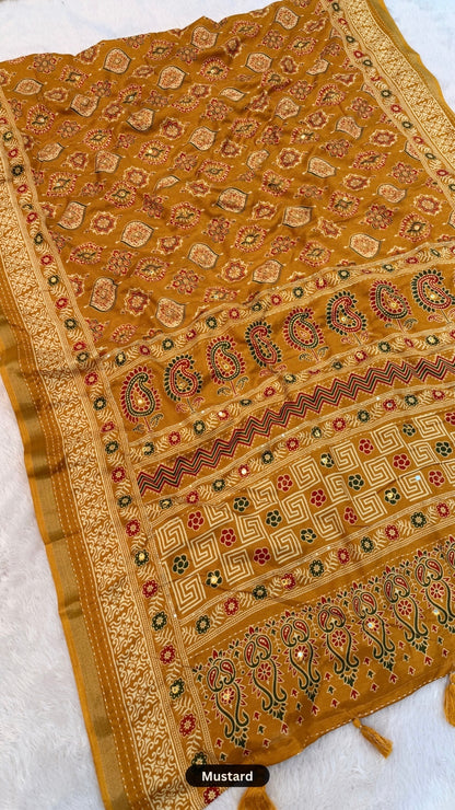 Trending Mul Cotten Mirror Work Saree SD (Ajrakh)