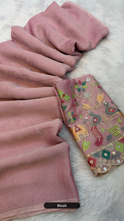 Solid Plain Saree + Kutchi motif Work Blouse