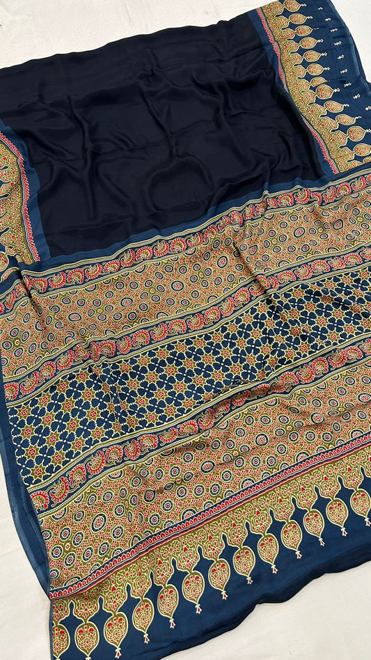 Plain Ajrakh Saree Blue (One day sale)