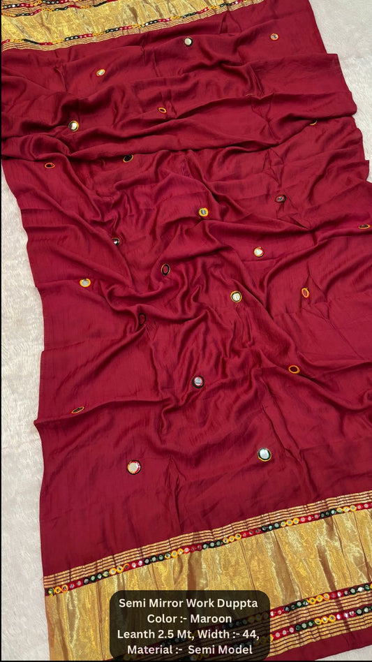 Semi Mirror Work Duppta With Lagadi Patta New - Maroon