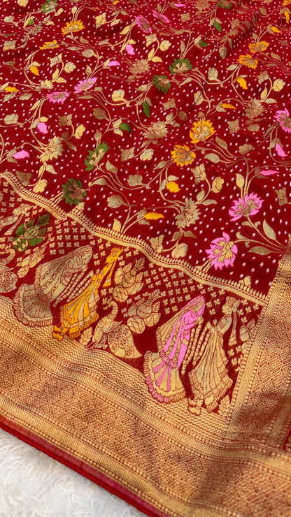 Minakari Bandhej Banarasi Saree (Georgette Junglo) Red