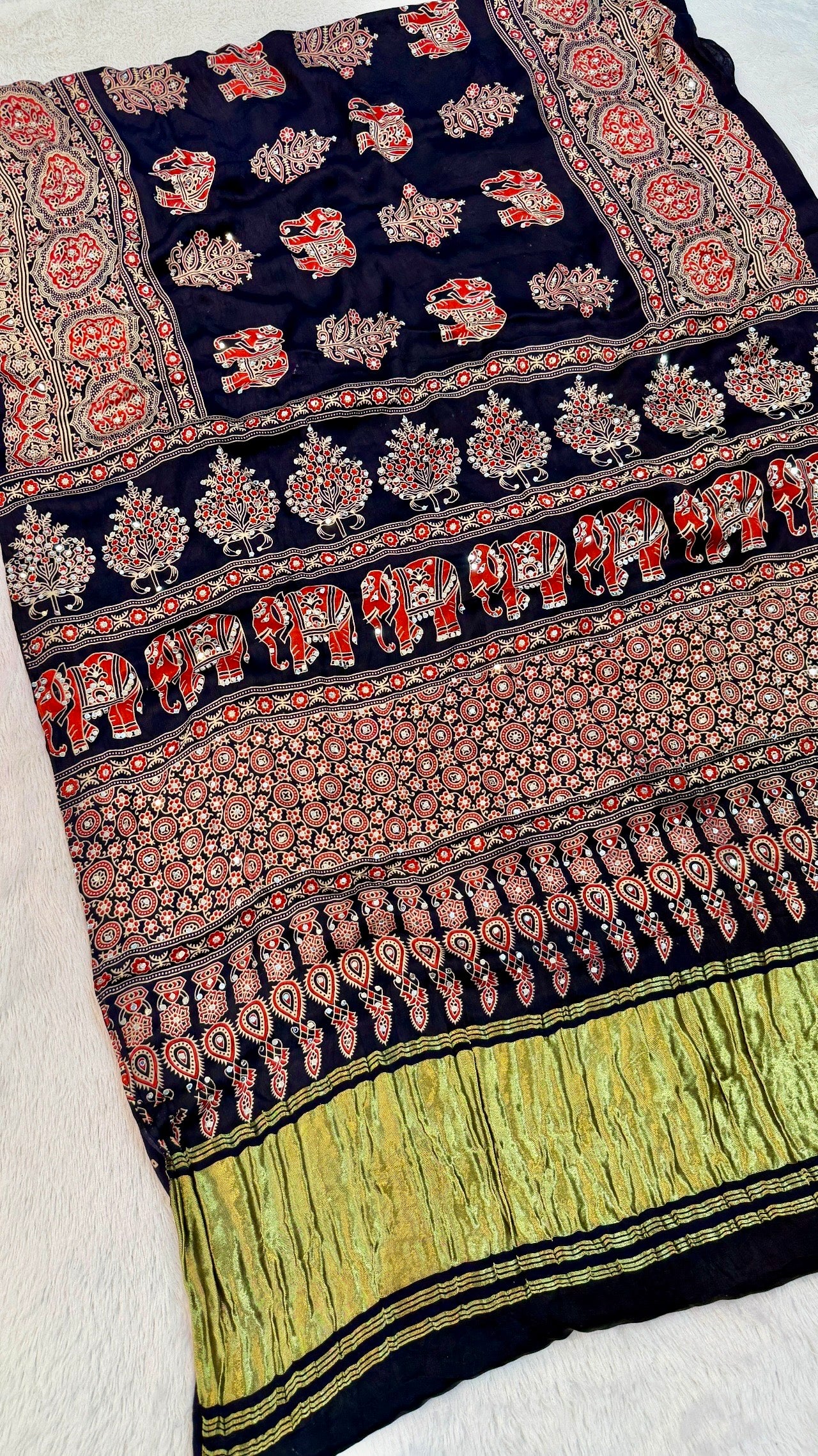 Handblock Ajrakh Mirror Saree (500+ Real Mirror) Blue