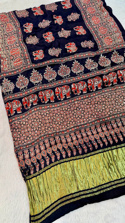 Handblock Ajrakh Mirror Saree (500+ Real Mirror) Blue