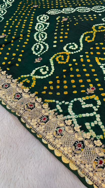 Pure Gaji Silk Handbandhej Gottapatti work Saree (Green)