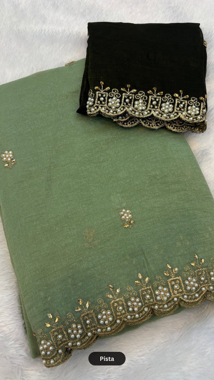 Pearl Work Saree with Contrast Blouse