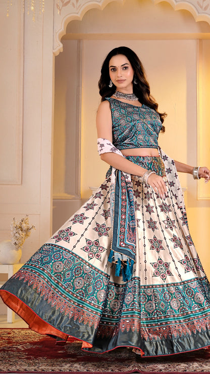 Real Mirror 7 Meter Flair, Boutique Ajrakh Lehanga Choli