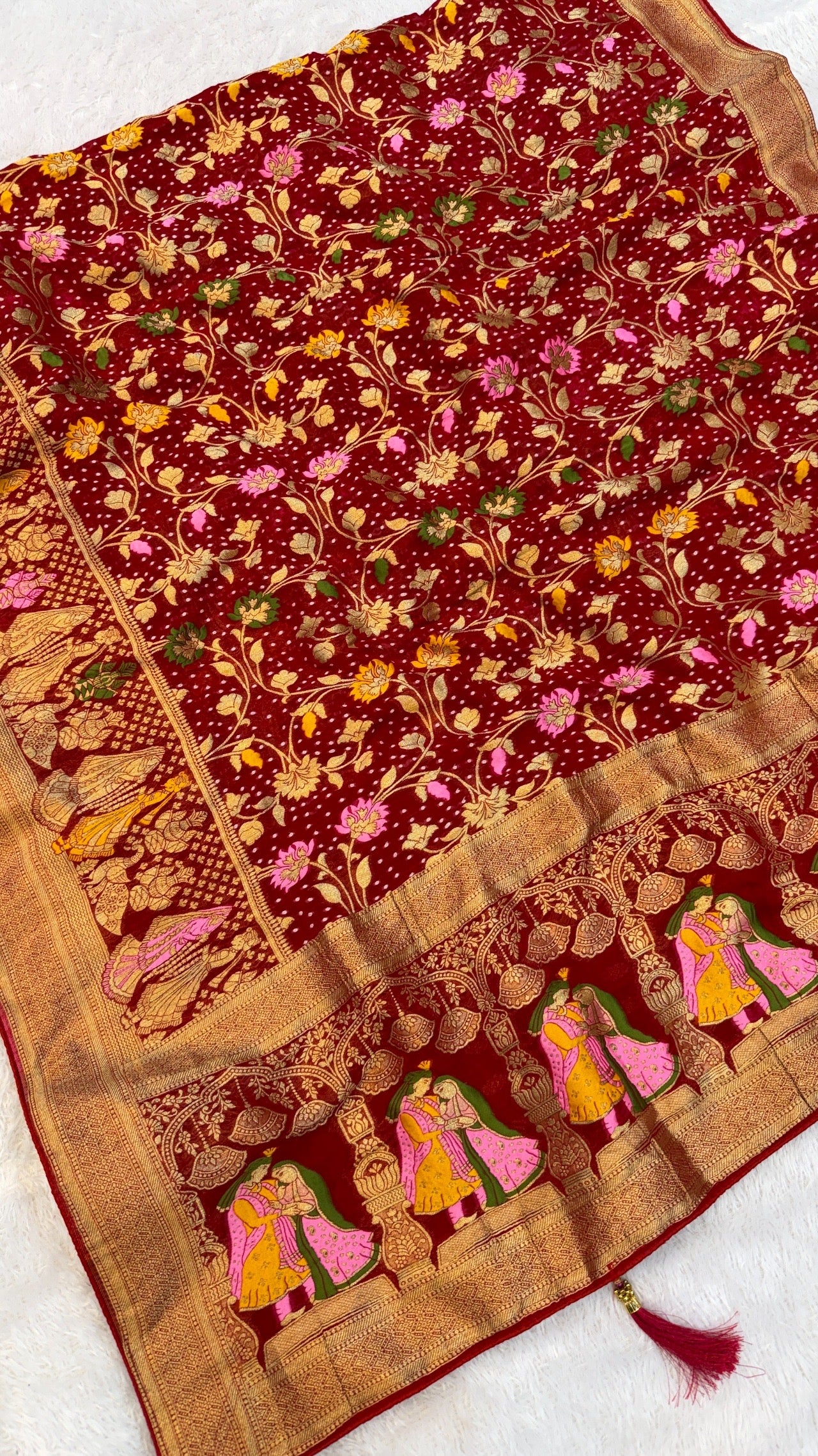 Minakari Bandhej Banarasi Saree (Georgette Junglo) Red