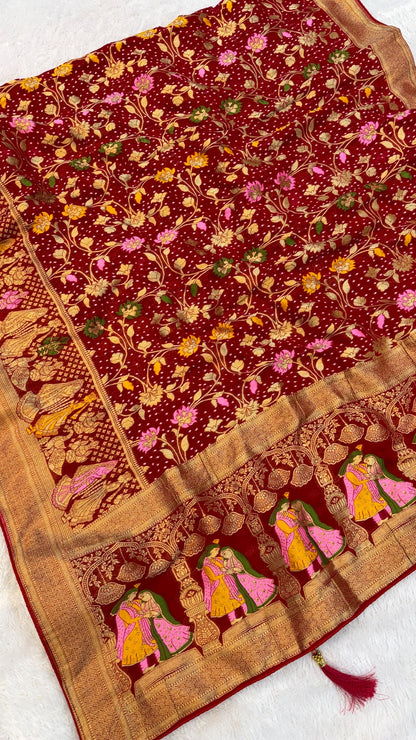 Minakari Bandhej Banarasi Saree (Georgette Junglo) Red