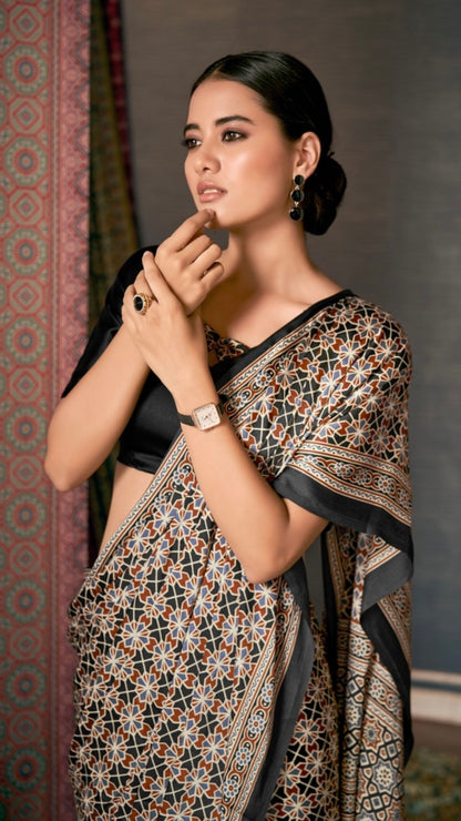 Pure Ajrakh Saree With Mirror Work D.No.08