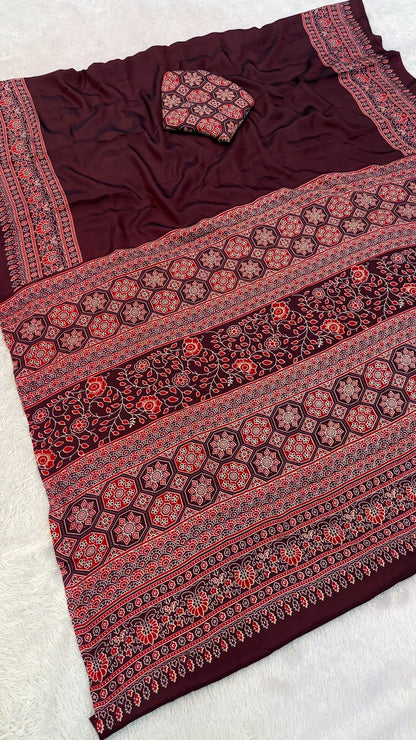 Plain Ajrakh Kalamkari Saree Vol.2
