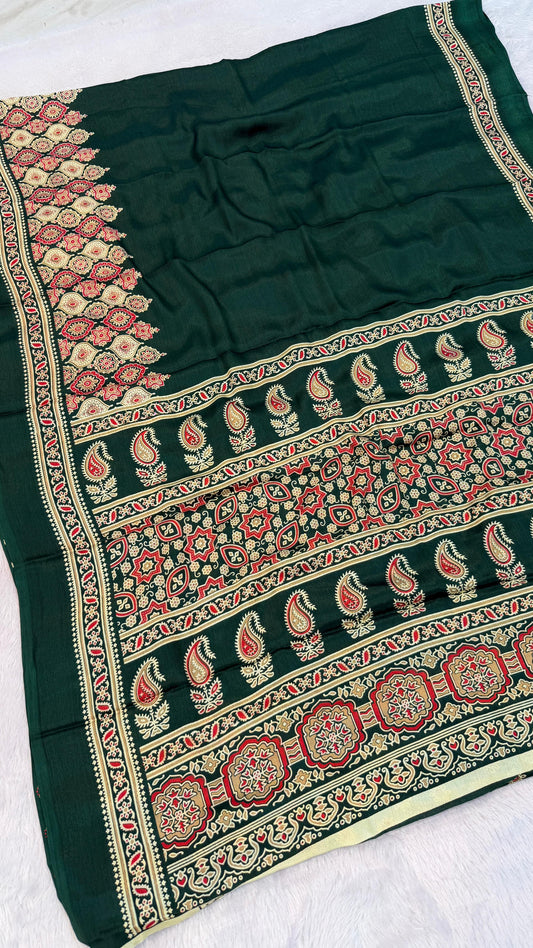 Ajrakh Plain Saree SALE - GREEN