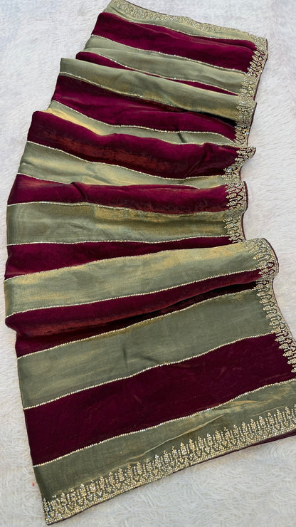 Luxurious Dual Shade Cocktail Saree (Royal Wine & Olive)