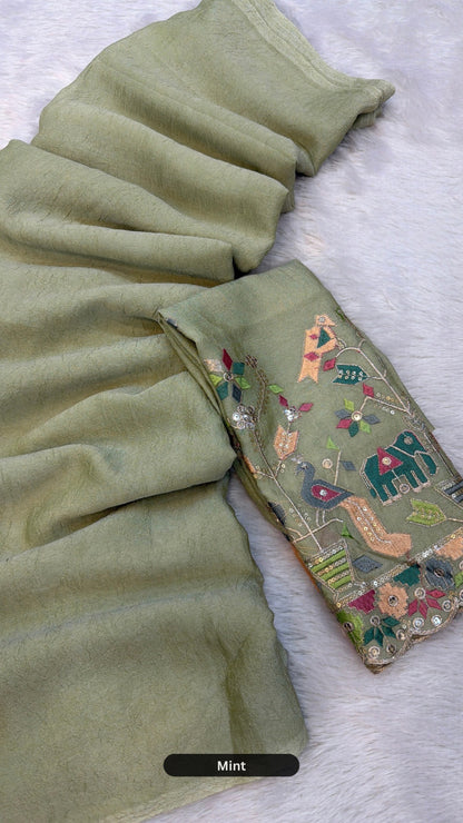 Solid Plain Saree + Kutchi motif Work Blouse