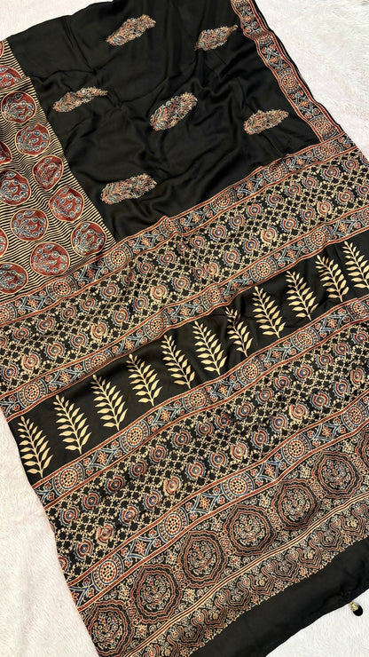 Ajrakh Kutchi Saree with Fancy Tussle (104)