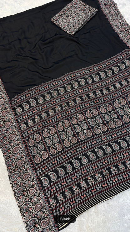 Plain Ajrakh Kalamkari Saree
