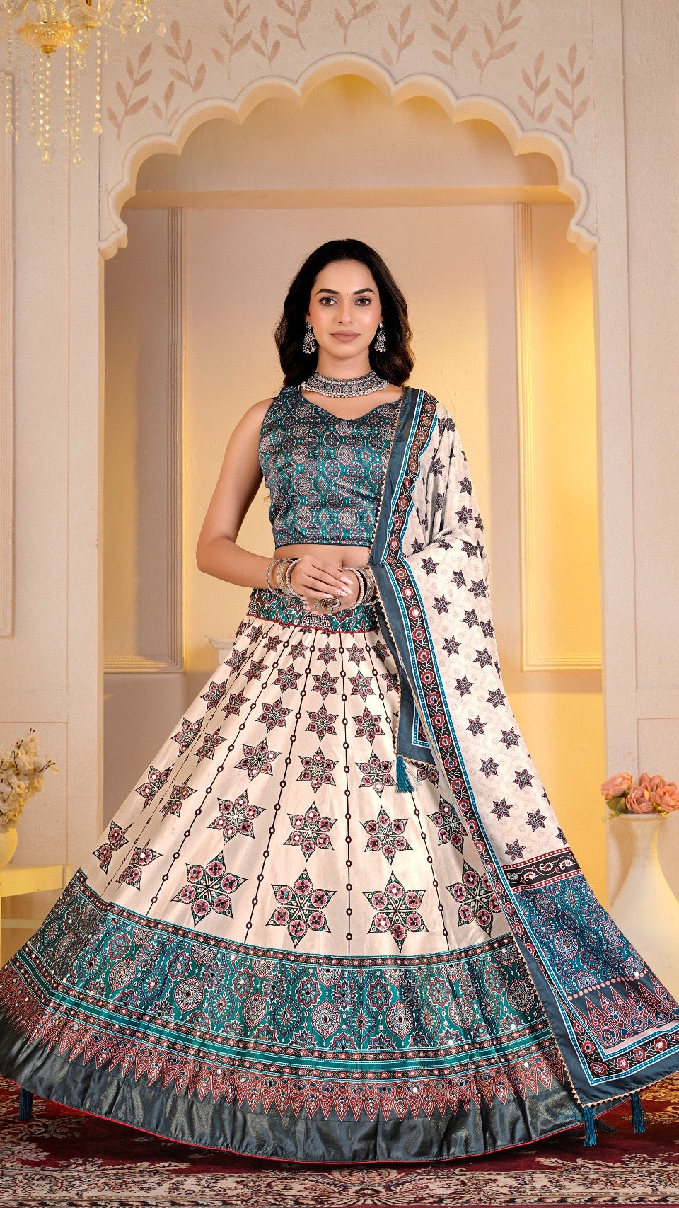 Real Mirror 7 Meter Flair, Boutique Ajrakh Lehanga Choli