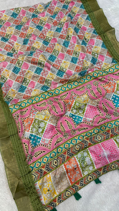 Katha Work Designer Bandhani Saree