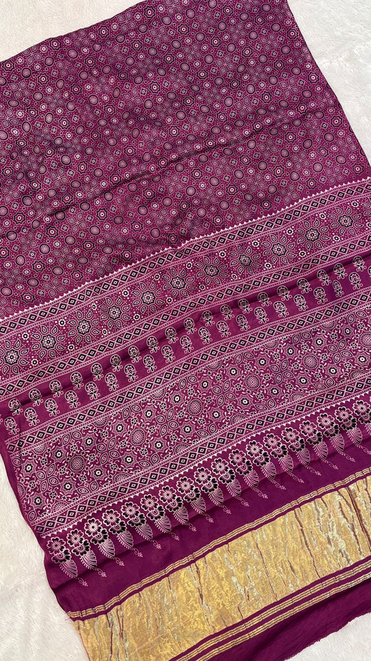 Pure Modal Silk Ajrakh Saree with Lagadi Patta Vol.2 (Jamboon)