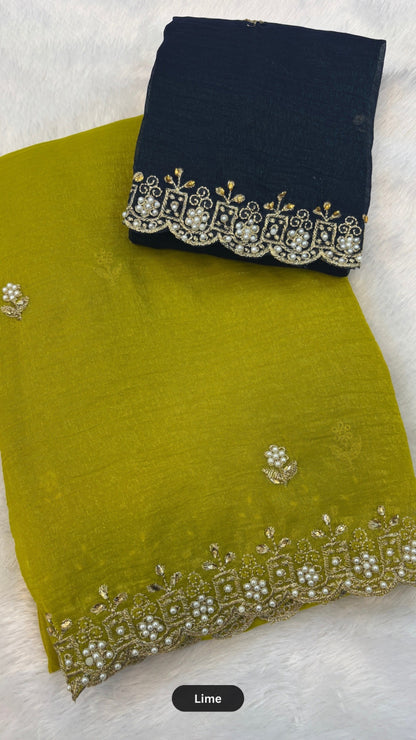 Pearl Work Saree with Contrast Blouse