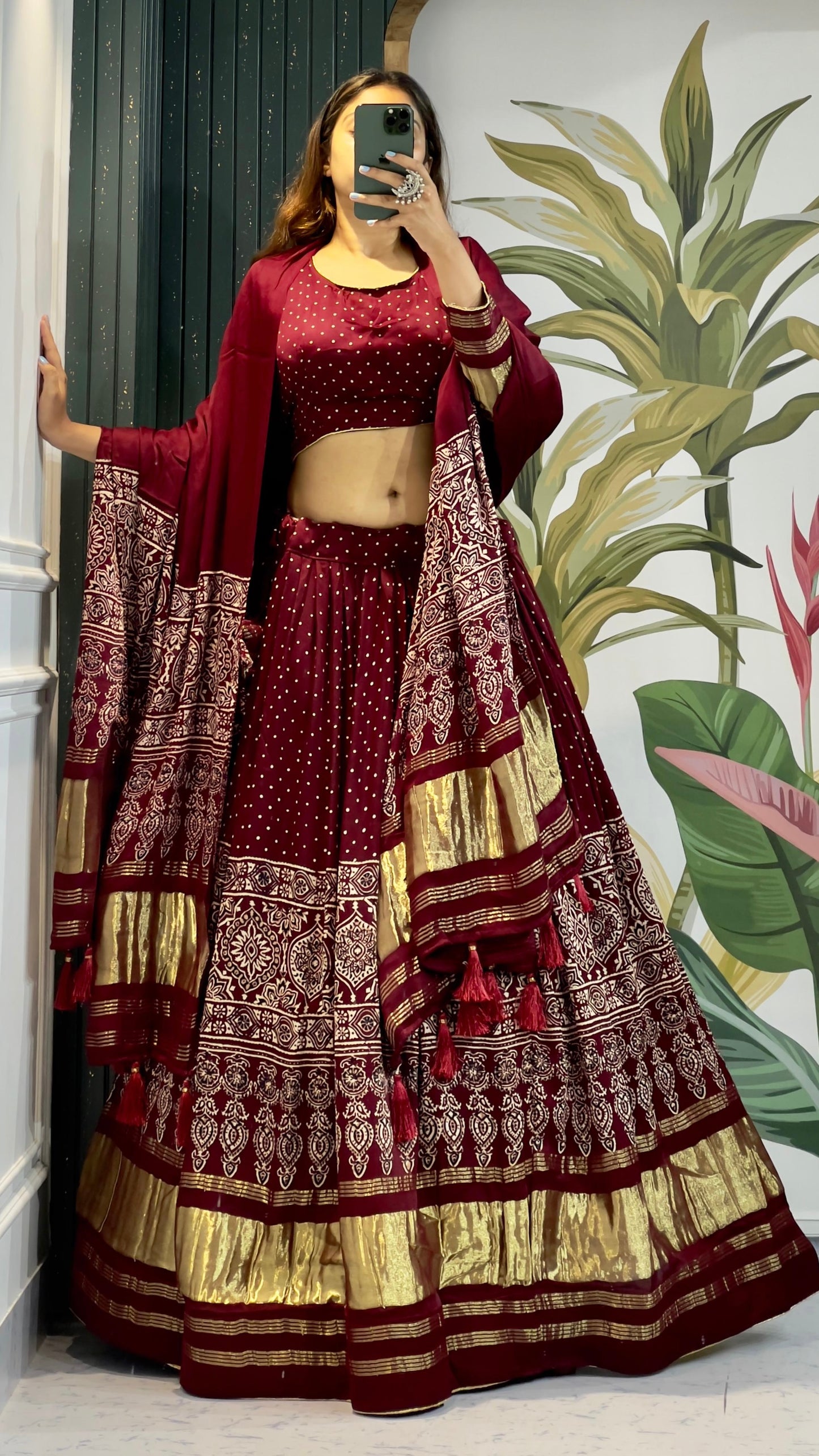 Handblock Ajrakh Lehanga Choli (Pure Model Silk)