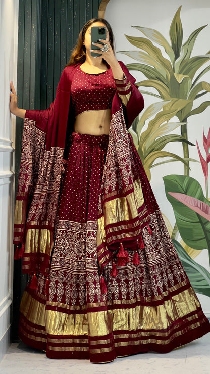 Handblock Ajrakh Lehanga Choli (Pure Model Silk)