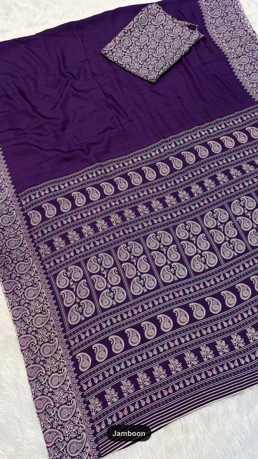 Plain Ajrakh Kalamkari Saree