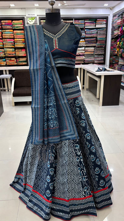 Dhabu Print Indigo Designe, 7 Meter Flare Lehanga Choli