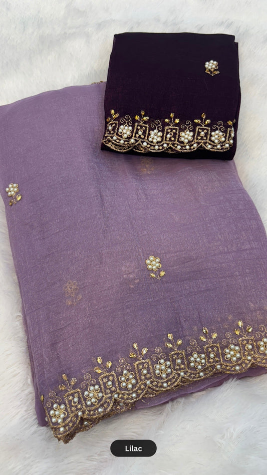 Pearl Work Saree with Contrast Blouse