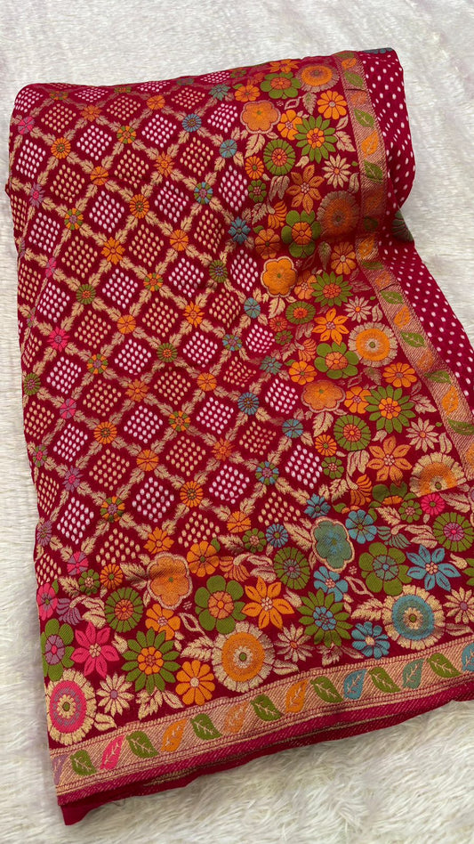 Original Minakari Bandhej Weaving Saree (Rani Color)