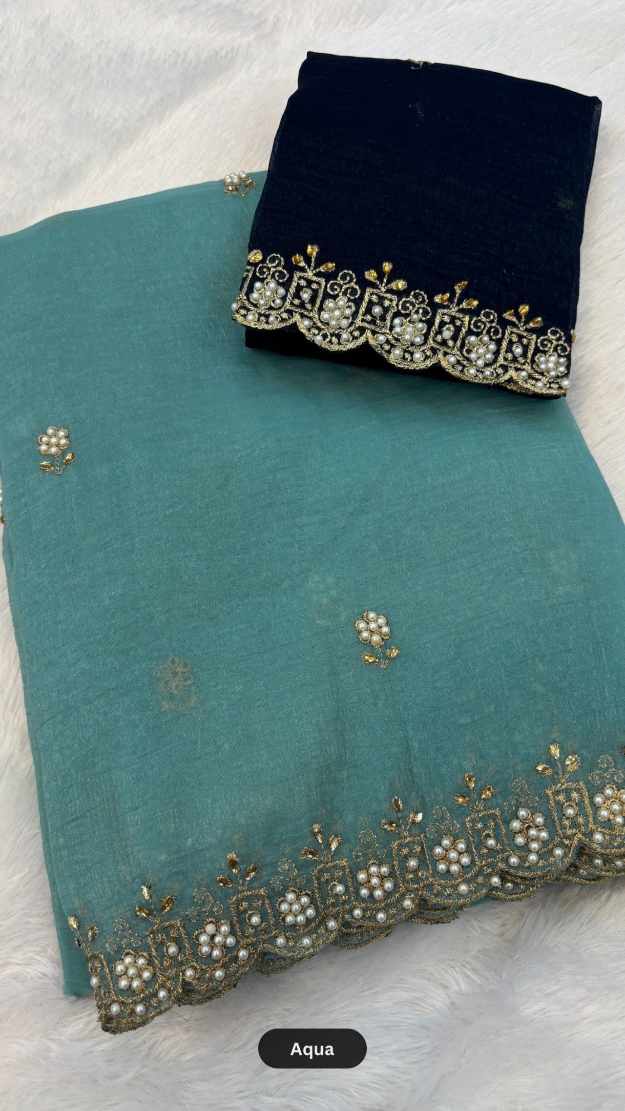 Pearl Work Saree with Contrast Blouse