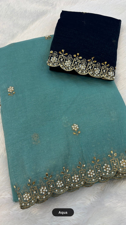 Pearl Work Saree with Contrast Blouse