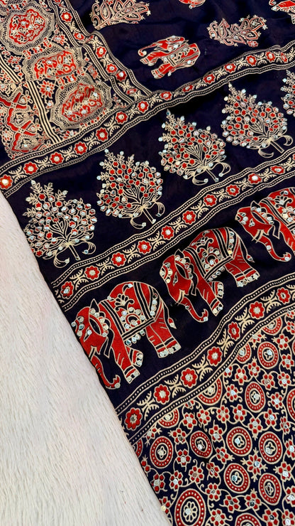 Handblock Ajrakh Mirror Saree (500+ Real Mirror) Blue