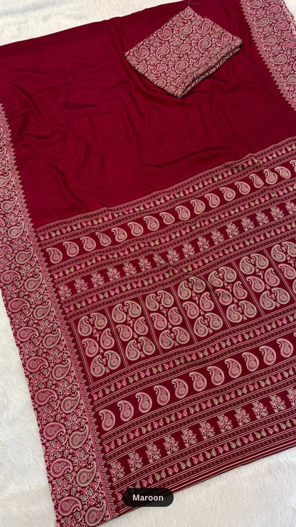 Plain Ajrakh Kalamkari Saree