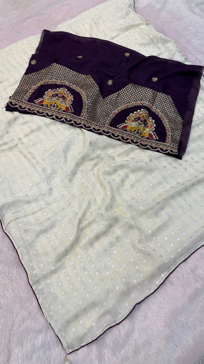 Chiffon Plain Saree + Kutchi motif Work Blouse