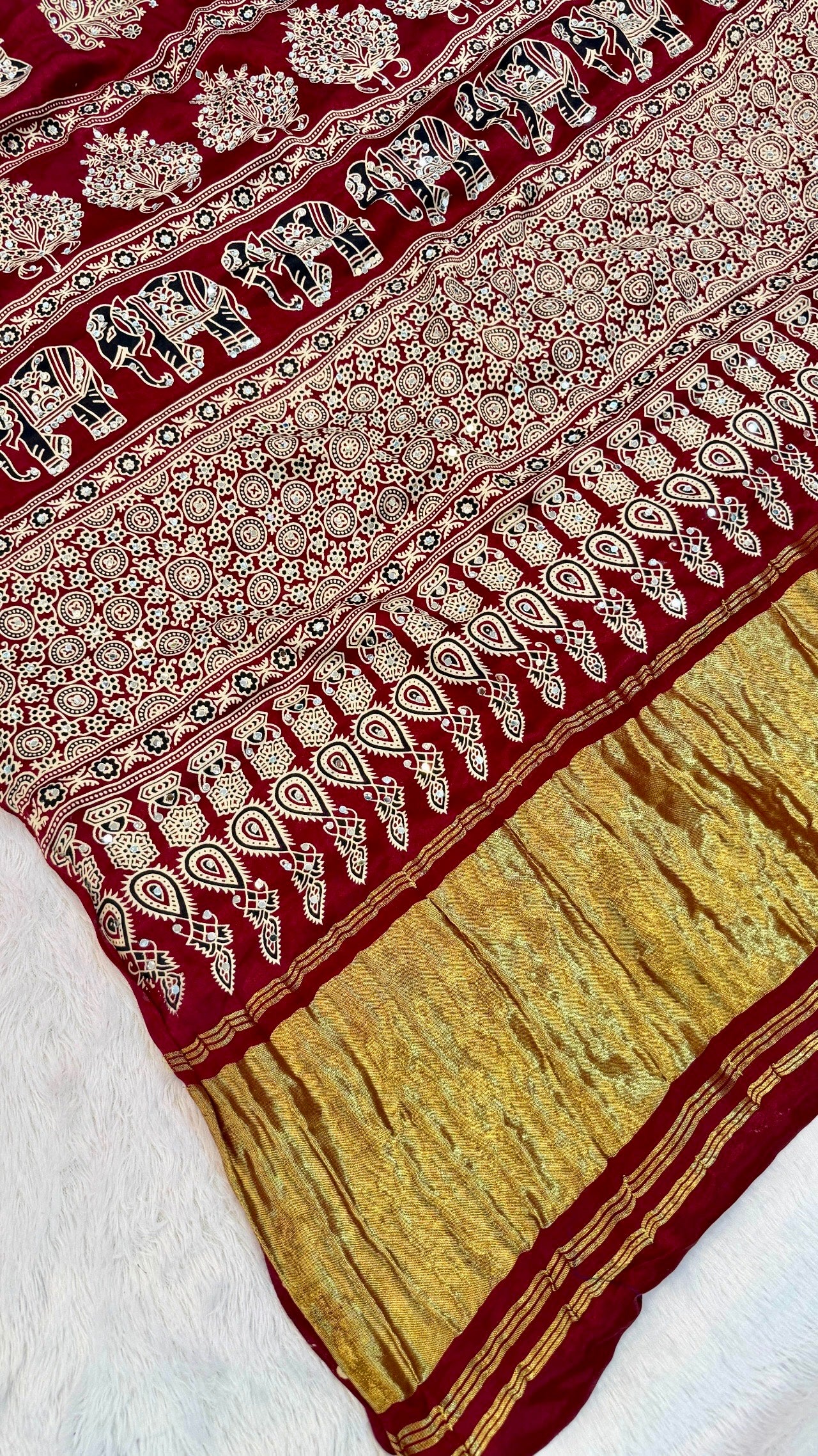 Handblock Ajrakh Mirror Saree (500+ Real Mirror) Maroon
